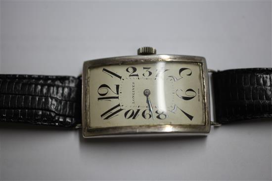 A gentlemans stylish 1930s silver Longines manual wind wrist watch,